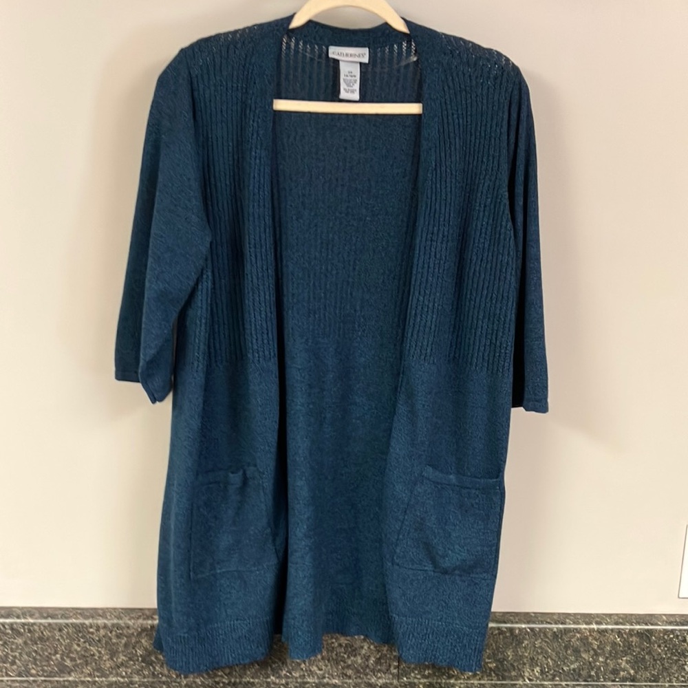 Catherines half sleeve open cardigan sweater with pockets 0x 14/16w